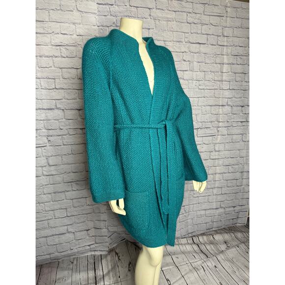American vintage OOAK Hand knit over sized green belted cardigan size medium - Picture 3 of 14